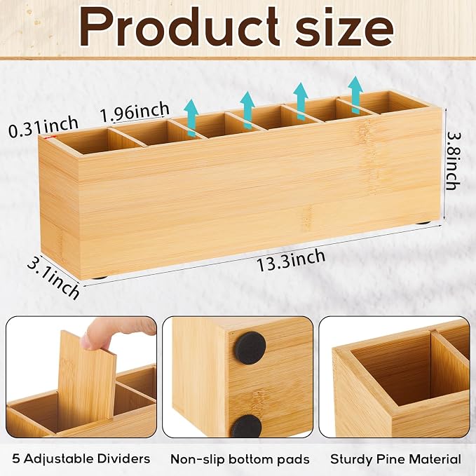 Jetec Wooden Pencil Pen Holder for Desk 6 Compartments Cosmetic Makeup Brush Stationery Office Desktop Organizers for Countertop Adjustable Silverware Caddy for Party, Art Supplies,Home(Bamboo)