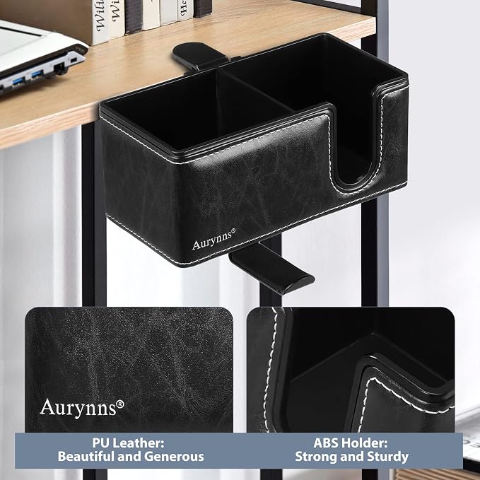 Under Desk Cup Holder Clamp on Cup Holder PU Leather Clip on Desk Organizer | Desk organizer with pencil holder clamp on side, under desk hanging organizer, clip on cup holder desk phone stand holder PU