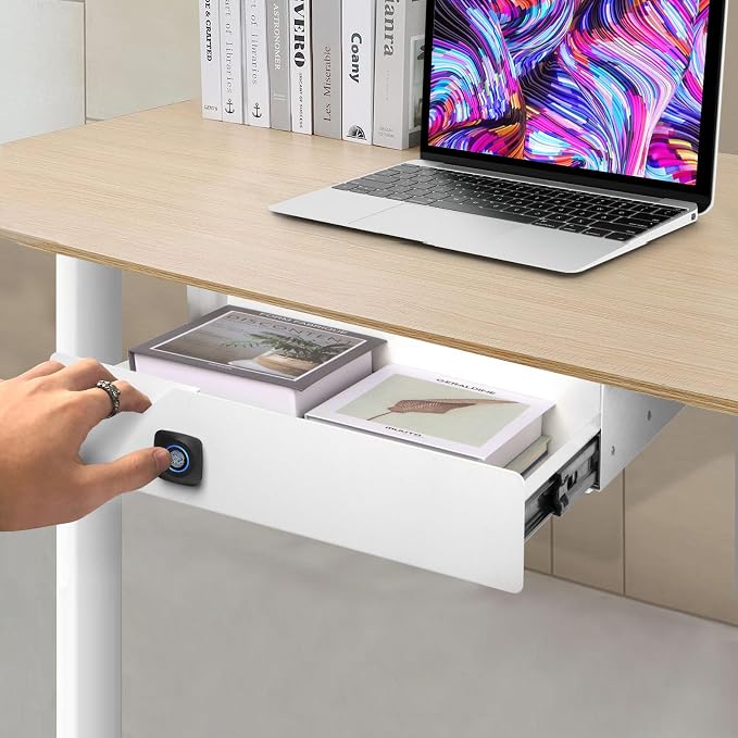 Lumil Under Desk Drawer with Lock, 16 inch Under Desk Storage Drawer, Under Desk Mounted Pull Out Drawer with Biometric Lock