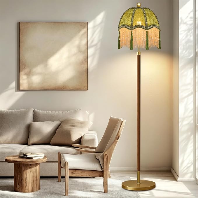 Wood Floor Lamps for Living Room Vintage Floor Lamp with Remote Control & 3 Color Temperature,Dimmable Floor Lamp Mid Century Modern Standing Lamp Green Fringe Tall Floor Lamp for Bedroom Corner