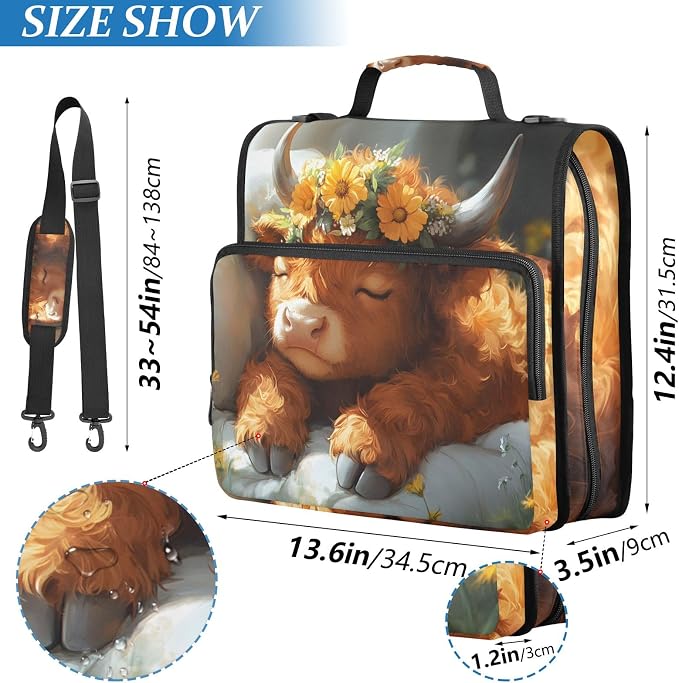 Cute Highland Cow 3 Ring Zipper Binder Bag Binder Organizer with Handle Shoulder Strap for School Work Office Supplies