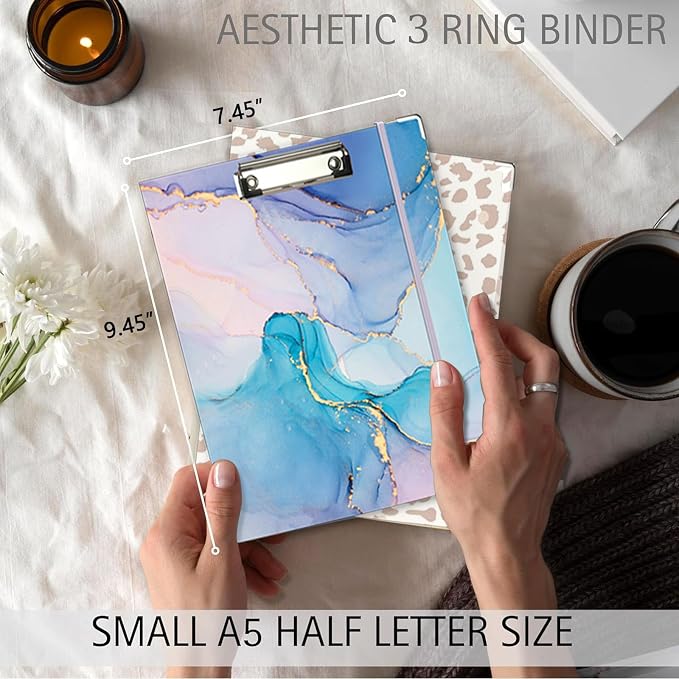 A5 Binder 3 Ring 1 Inch for 5.5"x8.5" Paper, Mini Three Ring Binders with Clipboard,5-Tab Dividers,Interior Pocket, Spine ID Label Holder, BVSSX Small Binder with Pen Holder,Blue Marble