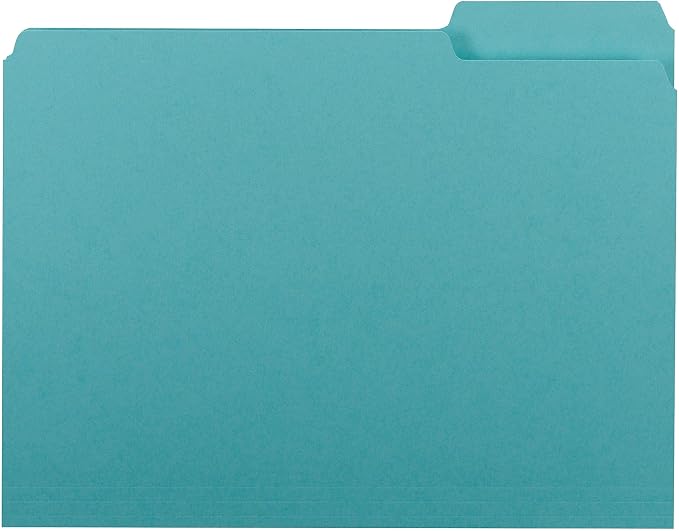 Smead Interior File Folder, 1/3-Cut Tab, Letter Size, Aqua, 100 per Box, Expandable File Folders for Filing Cabinet