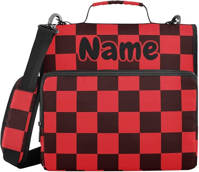 Custom Black Red Checkered Pattern 3 Ring Binder Bag 1.5 inch Personalized Name Binder Organizer 500 Sheet Documents Storage for School Office
