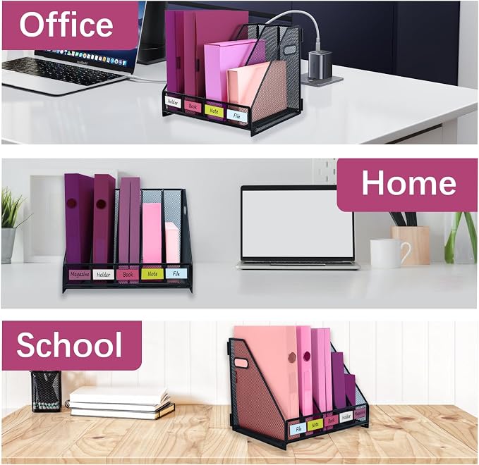 Desk Organizers, Metal Magazine File Holder with 5 Vertical Compartments Rack Binder File Organizer for Office Supplies, Home Workspace - Black