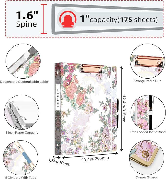 EYROZILL 3 Ring Binders 1 Inch 8.5" x 11", Aesthetic 3 Ring Binder with Pockets, Dividers, Clipboard, Binder for Appointment Record, Healthcare Organizer (Pear Blossom)