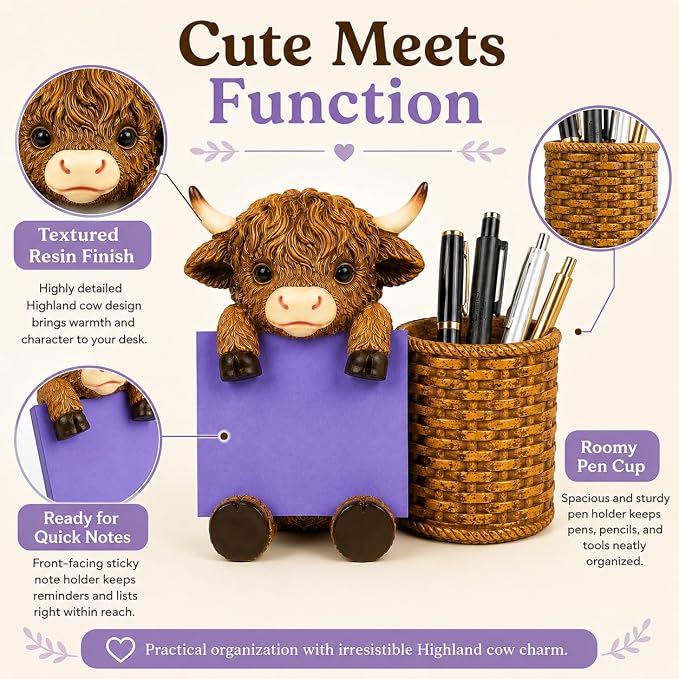 Highland Cow Note Pad Dispenser with Pen Cup, Desk Organizer | Cute highland cow note pad dispenser with pen cup, perfect for desks, offices, classrooms, and cow lover gifts.