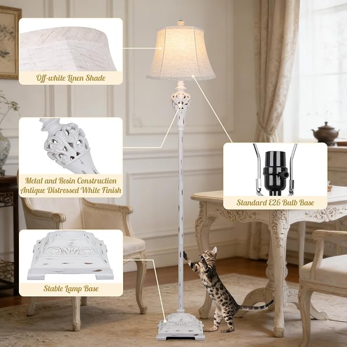 Vintage Floor Lamp for Living Room, Traditional Tall Standing Lamp | Eye-caring White Fabric Shade, Stable Antique Base, Farmhouse Rustic Design, Bright Floor Lighting