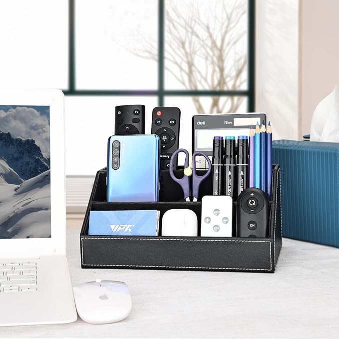 KINGFOM Pu Leather Desk Organizer with 5 Compartments Holder, Multi-Functional Office Supplies Storage Caddy for Pen/Pencil, Phones, Remote Controller and Desktop Accessorie Black