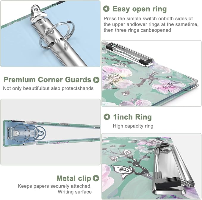 Rouidr 3 Ring Binder with clipboard, 1 inch 8.5 x 11 in Letter Size View Binders Organizer with Dividers Tabs & Clear Sleeves, School Supplies, Office Supplies, Plum Flower