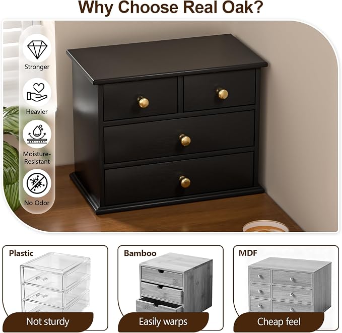 Oak Desk Organizer with Drawers, Durable Wooden Desktop Storage Box | 4 Drawer Tabletop Organizer with Metal Handles & Non-Slip Pads for Office, Bedroom, Bathroom, Vanity & Makeup Storage, Black