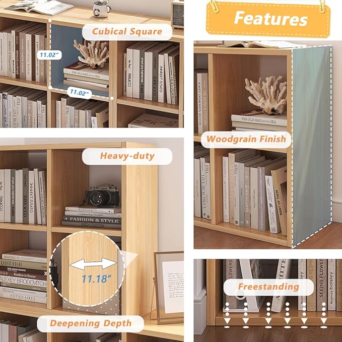 NELYE 8 Cube Organizer Bookcase - Fabric Storage Bins Container, Open Shelf Simple Compartments Bookshelf, Oak