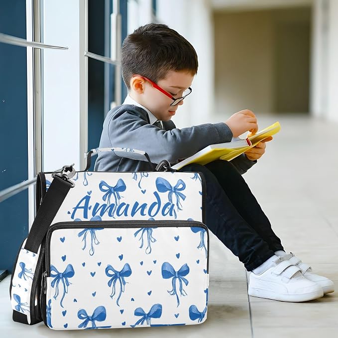 Custom 3 Ring Zipper Binder Blue Bows Ribbons Polka Dots Personalized Name 1.5 inch Binders Large Capacity Multi Pockets for School Office Supplies