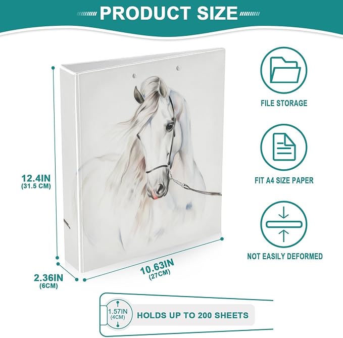 3 Ring Binder, White Horse File Folder Holds 200 Sheets File Storage for Women Men School Office Supplie