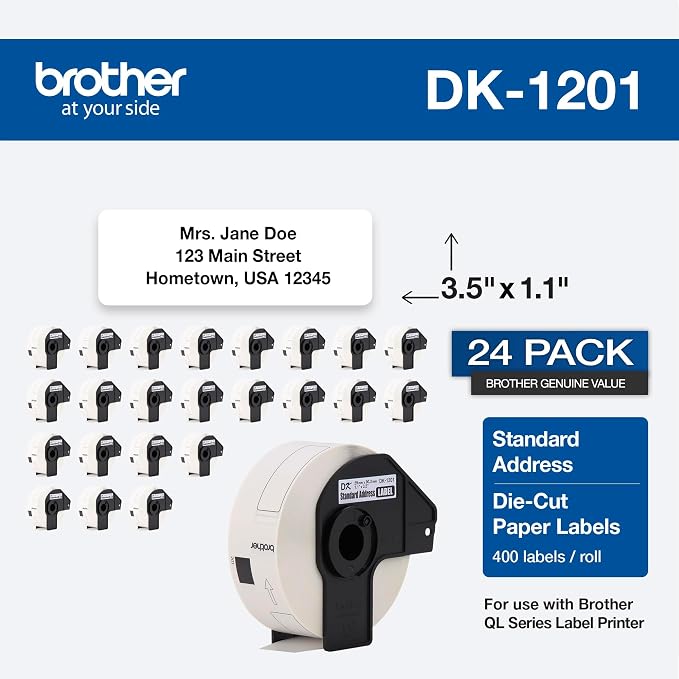 Brother Genuine DK1201 Die-Cut Standard Rolled Address Labels for QL Printers, 3-Pack (DK12013PK),White, 24 Rolls (DK120124PK)