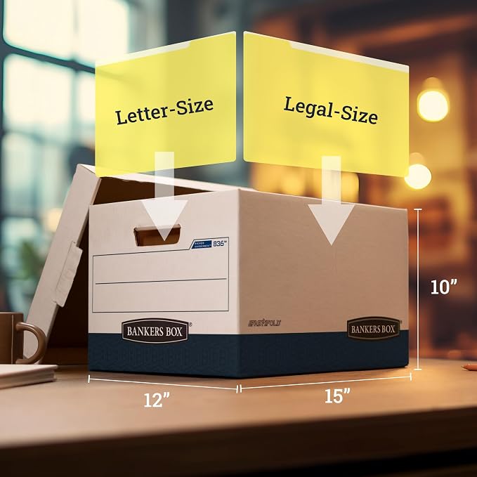 Bankers Box 12 Pack R-Kive DIVIDERBOX Heavy-Duty File Storage Boxes with Dividers, FastFold, Lift-Off Lid, Letter, White/Blue