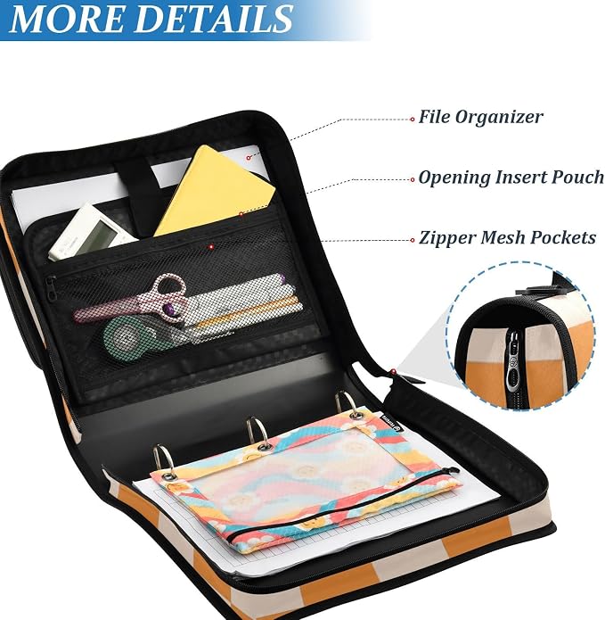 3 Ring Zipper Binder with Shoulder Strap Orange Checkerboard 1.5 inch Binders Keeper Large Capacity Multi Pockets for School Office Supplies