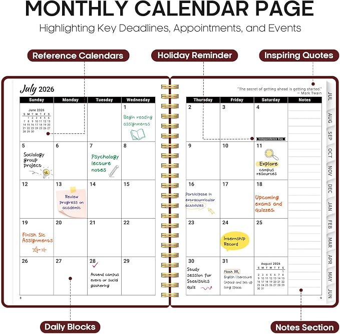 Taja Planner 2026-2027, 6.3" x 8.5" Calendar Planner, Jul 2026-Jun 2027 | A5 Hardcover Weekly & Monthly Academic Year Planner, Large Planning Agenda With Tabs, School & Office Supplies, Burgundy
