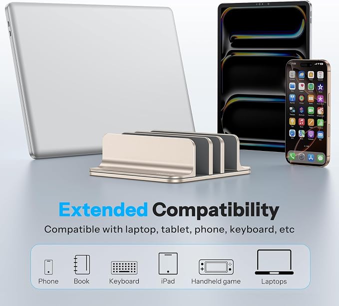 OMOTON 3-Slot Multiple Vertical Laptop Stand, Fits MacBook, Starlight | Adjustable Width 0-1.38", Aluminum Office Space-Saving for Desk, Fits MacBook/Book/iPad Up to 17.3in