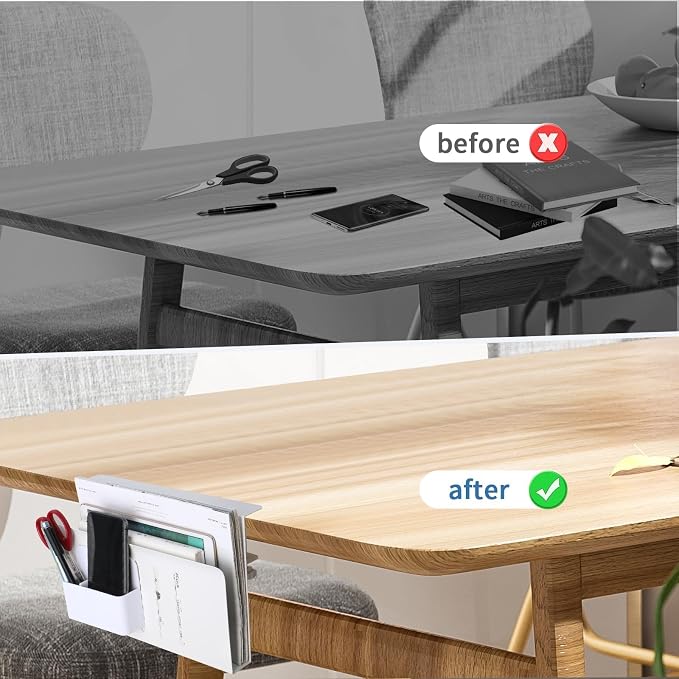 Desk Side Storage, Under Desk Hanging Storage | Standing Desk Organizer with Magnetic Pen Slot, No Drill Clamp to 0.5-2.38" Desks, 22 Lbs Carbon Steel (White)