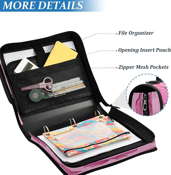 Cute Pink Bows Zipper Binder for School with Shoulder Strap & Extra Pockets - 1.5 Inch 3-Ring Binder Holds 500+ Sheets, Textbooks, Laptop