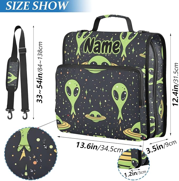 Custom Green Aliens Space 3 Ring Binder Bag 1.5 inch Personalized Name Binder Organizer 500 Sheet Documents Storage for School Office
