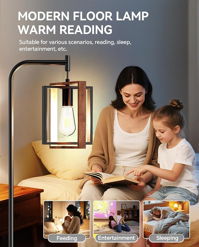67" Industrial Floor Lamp with Wood & Black Metal Shade, Modern Standing Lamp, Rustic Farmhouse Tall Lamp for Living Room Bedroom Office, 2700K Bulb & Foot Switch Included (Black+ Wood -FL-2508)