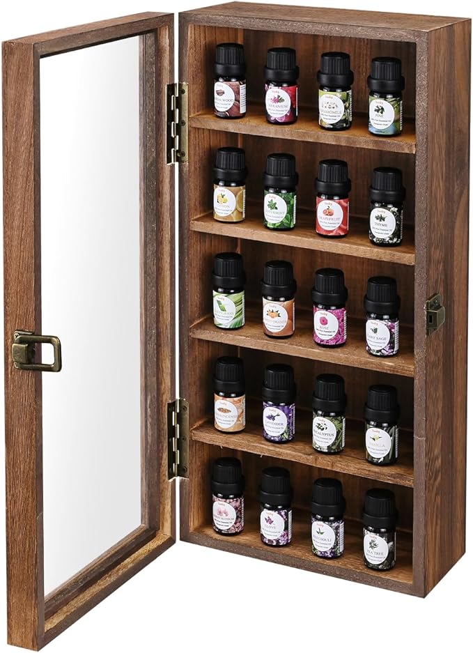 Ikee Design Wood 5 Shelf Wall-Mounted Case Display,Tempered Glass Door | Wall Mounted Wooden Collectible Display Case 5 Shelf Display Storage Accessories with Tempered Glass Door, Brown Color