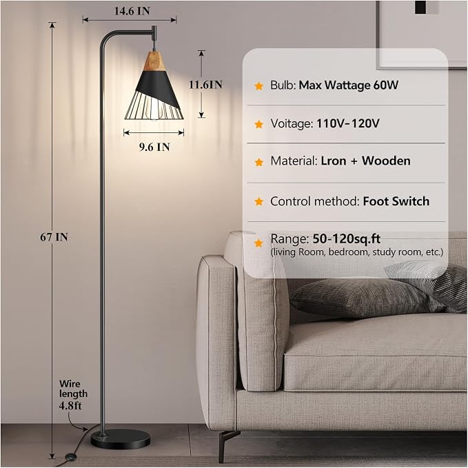 67" Industrial Floor Lamp with Wood & Black Metal Shade, Modern Standing Lamp, Rustic Farmhouse Tall Lamp for Living Room Bedroom Office, 2700K Bulb & Foot Switch Included (Black)