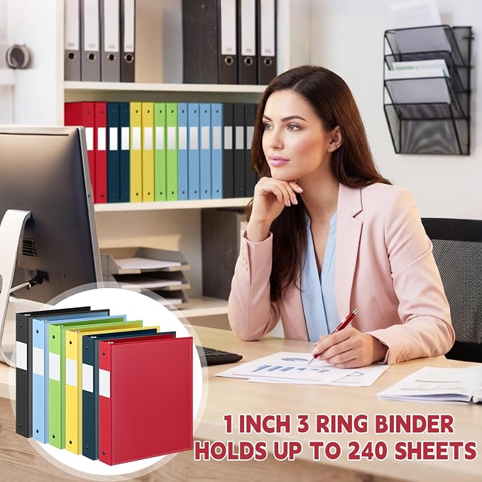 Henoyso 1 Inch 3 Ring Binders with Clear Front Cover and 2 Pockets, Round Ring Binders Fits 8.5'' x 11'' Letter Size Paper for School Office Supplies, 12 Pack (Assorted Color)
