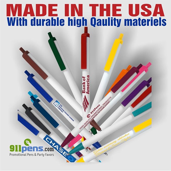 911PENS USA Made, Personalized Writing Ink Ballpoint Novelty Pens, Custom Printed with Your Logo & Text (Pack of 50 White Pens with Dark Blue Trim)