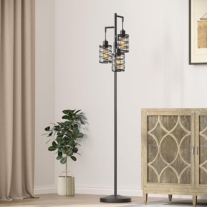 70" Industrial Floor Lamp, Stepless Dimmable Standing Lamp with 3 Bulbs, Farmhouse Corner Standing Tree Lamp for Living Room, Tall Lamps for Bedroom, Office, Study Room, Dining Room, Black