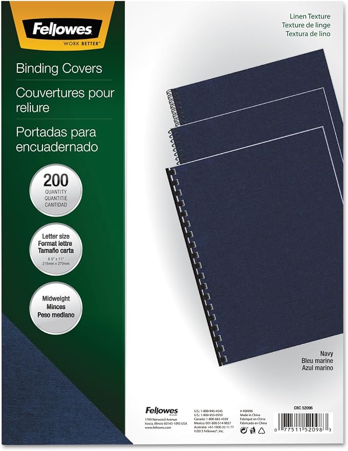 Fellowes Linen Presentation Covers, Letter, Navy, 200 Pack (52098)