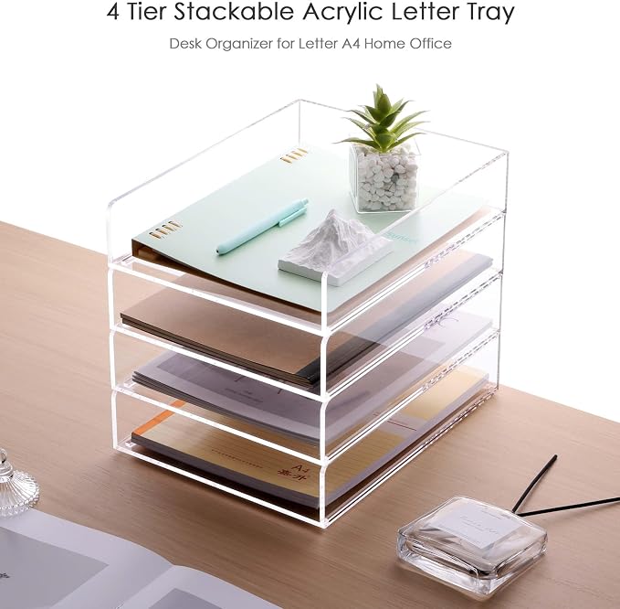 Acrylic Paper Organizer Letter Tray, Stackable Desk Organizer, 4-Tier | Desk Organizers and Accessories, Vertical File Tray, Workspace Office Supplies Organizer for Office Classroom Home, Clear