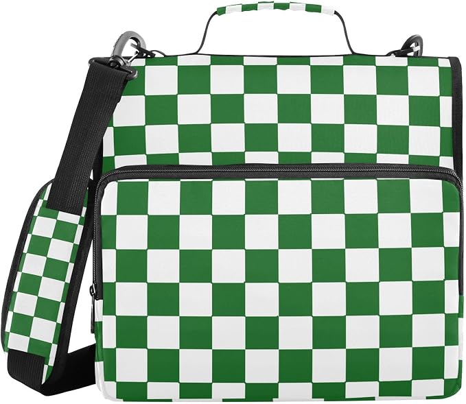 Dark Green White Checkered 3 Ring Zipper Binder with Handle 1.5 inch Binder Organizer, Multi Pockets Office File Folder with Shoulder Strap 500 Sheet Capacity