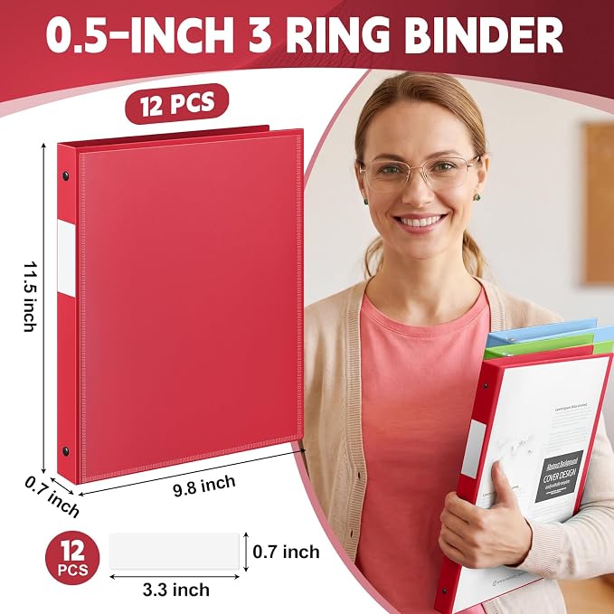 Henoyso 1/2 Inch 3 Ring Binders with Clear Front Cover and 2 Pockets, Round Ring Binders Fits 8.5'' x 11'' Letter Size Paper for School Office Supplies, 12 Pack (Assorted Color)