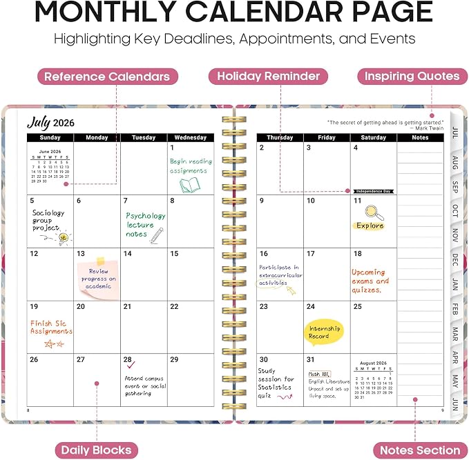 Taja Planner 2026-2027, Jul 2026-Jun 2027 Monthly & Weekly Calendar Planner | 6.3" x 8.5", Hardcover Academic Calendar, Teacher Student Agenda Book with Tabs, School Office Supplies, Soft Blossoms