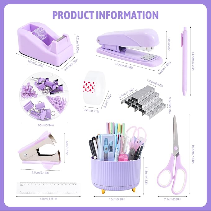 Gawsey Purple Desk Organizers and Accessories with Desk Organizer 360° Rotating Pen Holder and Office Supplies, Cute Stationery Supplies Set
