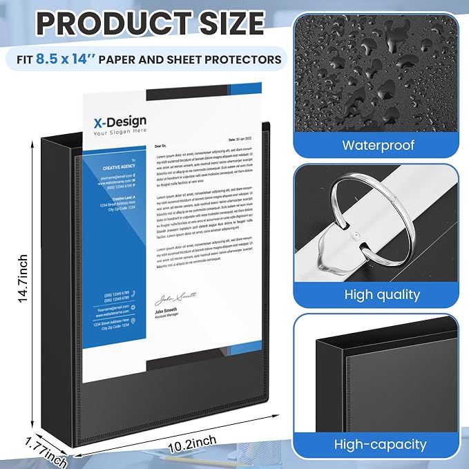Henoyso 4 Pcs 1.5" Legal Size PP Plastic Binders with View Cover, Durable 3 Ring Black Binders for 8.5" x 14" Paper, Hold up to 275 Sheets for Documents, Office, Home, Work Places