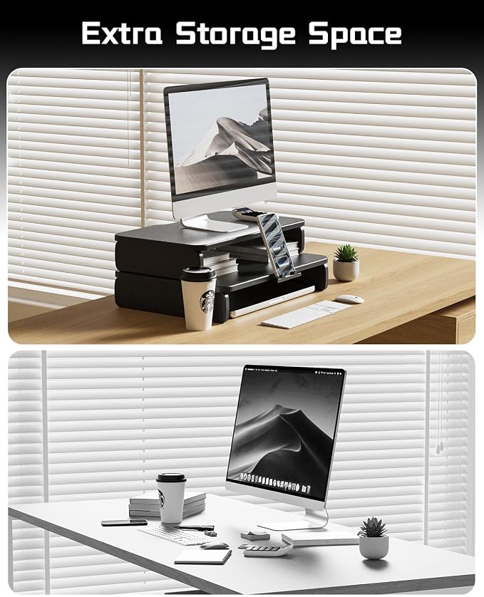 Dual-Layer Monitor Stand Riser, 2-Tier Ergonomic Desk Organizer with Hidden Phone Holder & Cable Management, Multi-use Desk Stand for Computer, Laptop, Office Supplies, Black