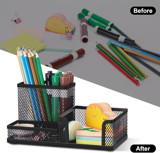 Comix 6 Packs Mesh Pen Holder, Desk Organizer for Home Office, Black | 3 Compartment Pencil Holder, Sticky Notes Holder, Pen Organizer Office Supplies