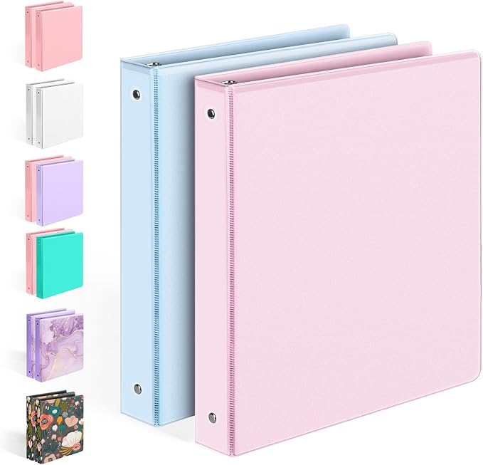 2 Pack BinderX Extra Durable 3 Ring Binder, 1 Inch Binder Round Rings, Fits 350 Sheets of 8.5x11 Paper, Customizable View Cover with Inside Pockets, Cute 1 Inch Binders 3 Ring, Pink & Blue