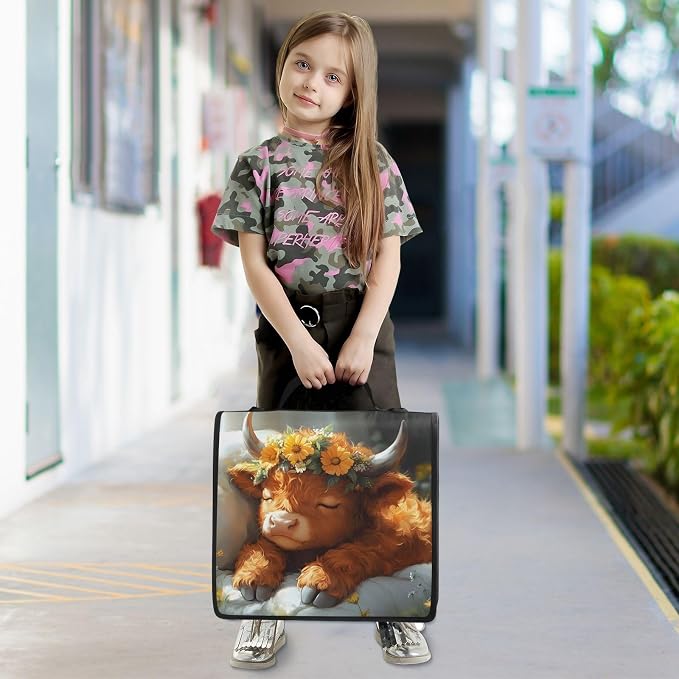 Cute Highland Cow 3 Ring Zipper Binder Bag Binder Organizer with Handle Shoulder Strap for School Work Office Supplies