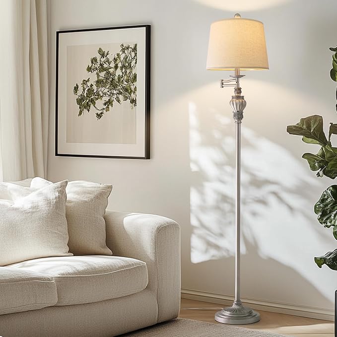Vintage Floor Lamp with 350° Adjustable Swing Arm 61" Lamps for Living Room | Antique Standing Lamp, Retro Silver Bedroom Floor Lamp, Mid Century Farmhouse Rustic Traditional Brass Tall Swivel Pole Lamp