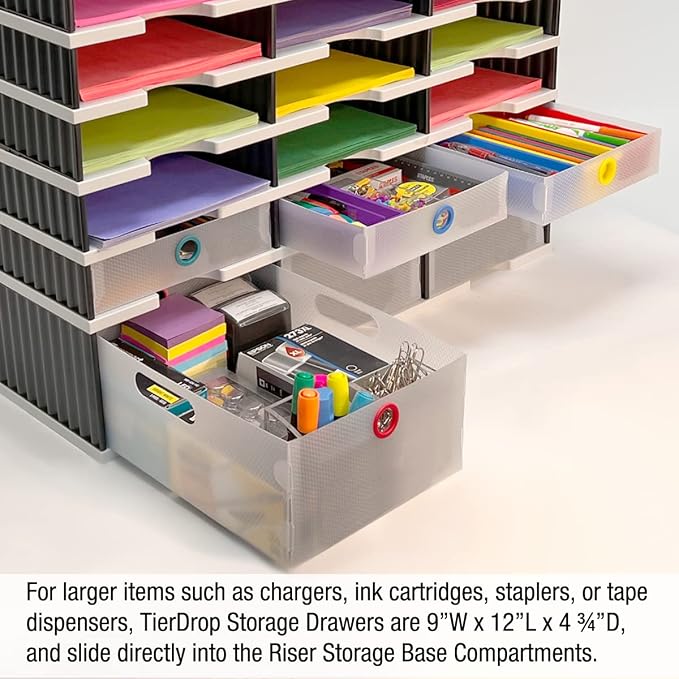 Ultimate Office TierDrop Supply Drawers, 9w x 12d x 2.25h, Set of 3, Clear | Color-coded finger rings for easy access to contents; stores desk accessories and supplies; designed for TierDrop organizers