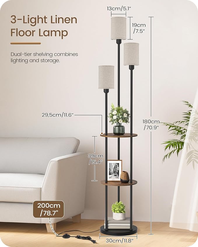 70.9" Floor Lamp with Shelves, Modern Floor Lamp with 3 Linen Shades and Foot Switch, 3-Light Standing Lamp, for Living Room, Bedroom, Study, Office, Rustic Brown and Beige EF53LD05