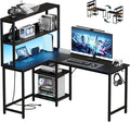DUMOS L Shaped Desk, Gaming Desk, Power Outlet, 53 Inch | Reversible Corner Computer Table, Adjustable Shelf CPU Stand, Home Office Writing Table, LED, Black