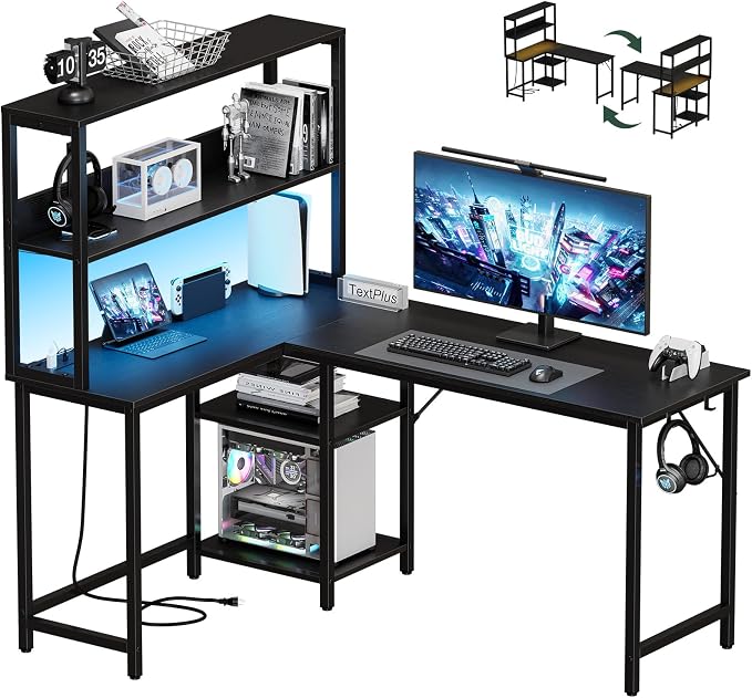 DUMOS L Shaped Desk, Gaming Desk, Power Outlet, 53 Inch | Reversible Corner Computer Table, Adjustable Shelf CPU Stand, Home Office Writing Table, LED, Black