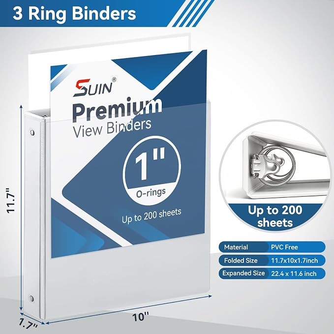 SUIN 1-inch 3 Ring Binder with 2 Pockets, Clear Customizable View Binders for US Letter Size 8.5'' x 11'', PVC Free, 1'' Binder for Office, Home, and School, White, 6 Pack