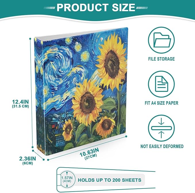 3 Ring Binder Sunflowers Starry Sky Night 1.5" Round Ring Binders View Binder with 200 Sheet for Kids School Supplies Women Men Office, 1 Pack